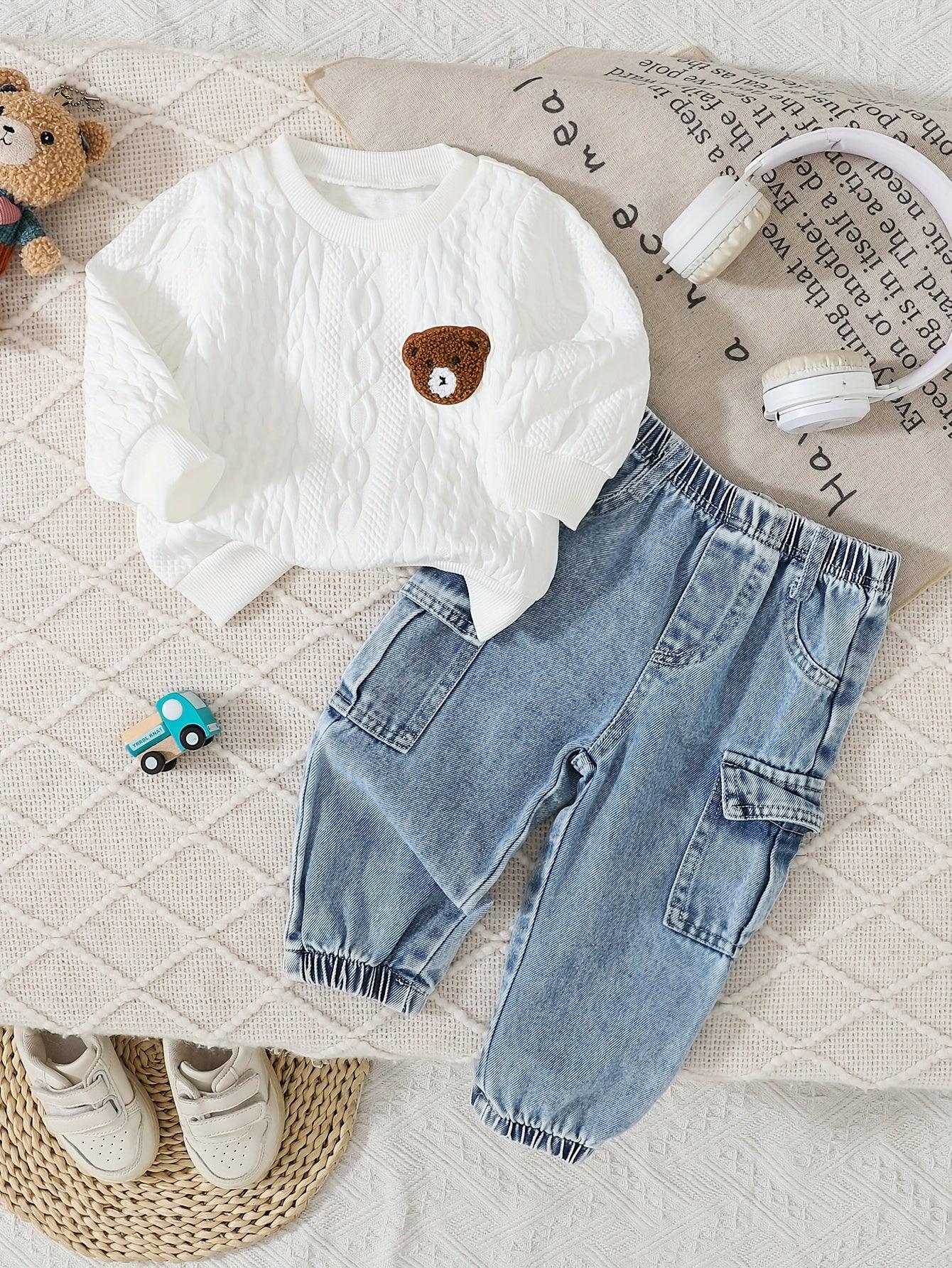 TEMU-2pcs Cute Set: Bear Patch Textured Round Neck - alotasawkli