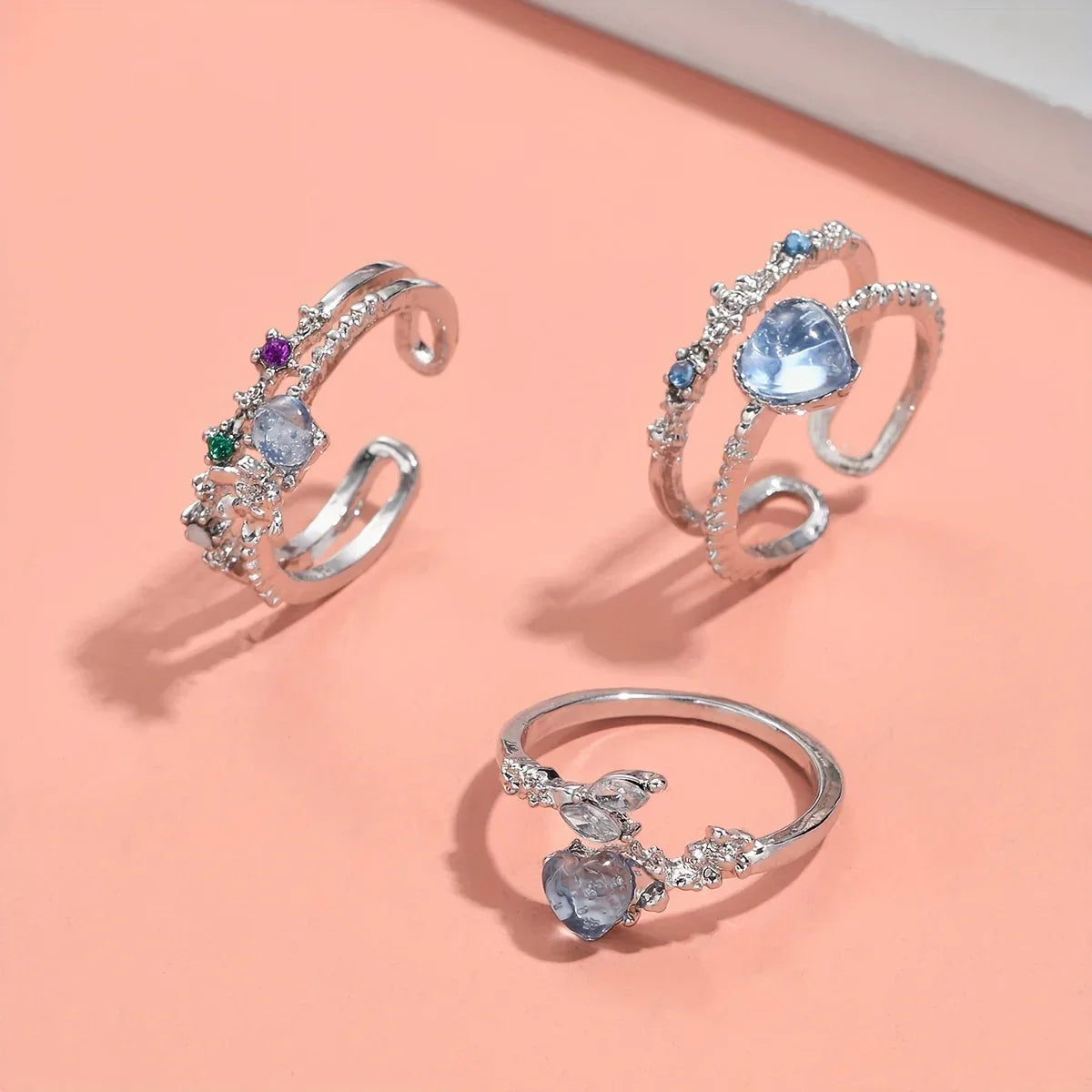 3pcs Sea Blue Heart Moonlight Open Ring Set for Women - alotasawkli