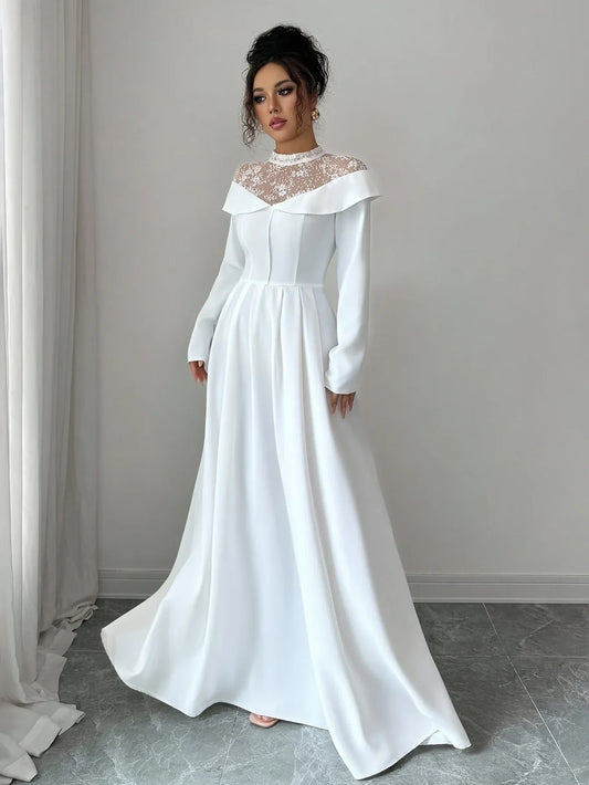 Elegant White A-Line Maxi Dress with Mesh Panel - alotasawkli