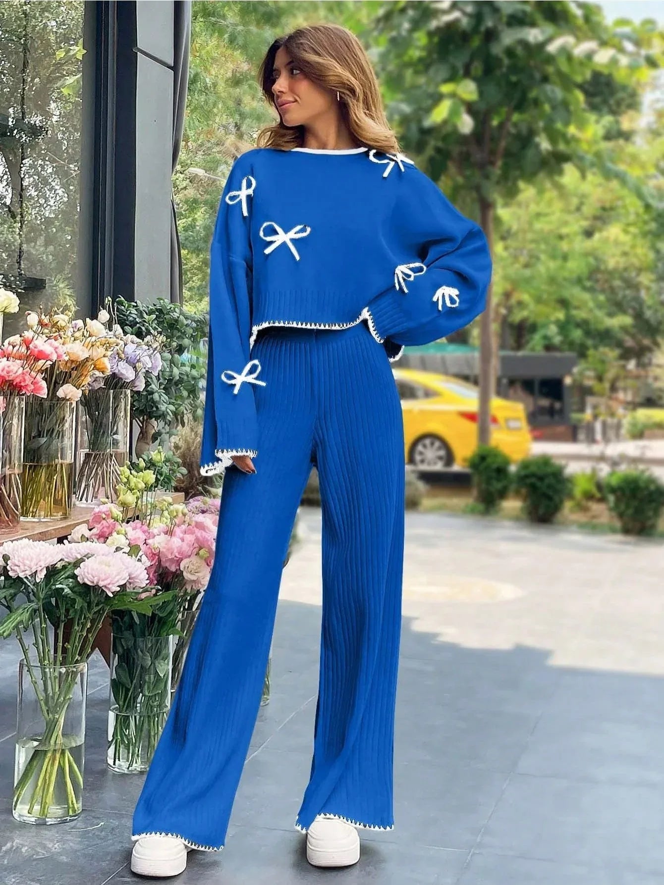 A 2pcs Women'S Set Consisting of a Simple Triko Top with Long Sleeves, Round Collar, And Filigree Decoration, And Pants. - alotasawkli