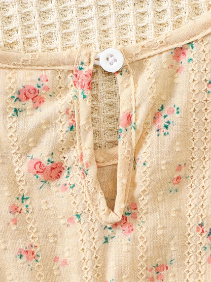 1pc Girls' Comfortable Cotton Jacquard Floral Pattern Spliced Dress - alotasawkli