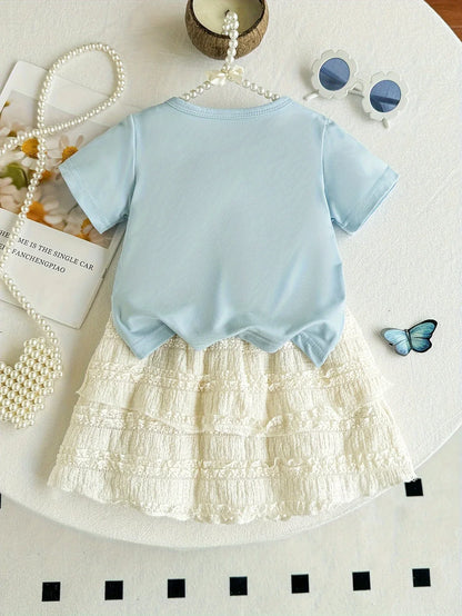 2pcs Summer Girls' Short Sleeve Round Neck Bow Top + Skirt Set with Embossed Butterfly Design, Casual and Cute for Outdoor Wear, Perfect for Outdoor - alotasawkli