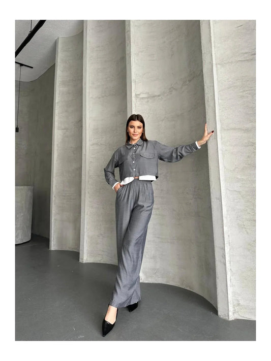 مجموعة قميص كروب واسع الأرجل للنساء من VOLT CLOTHING مع تفاصيل جيب - alotasawkli
