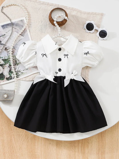 1pc Elegant Sweet Cool Style Baby Girl Dress | Black and White Contrast with Large Skirt, Non-Stretch Fabric, Random Print, Perfect for Spring/Fall - alotasawkli