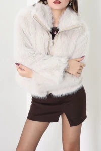 Women’s Zipped Faux Fur Jacket – Smoked Grey Textured Coat