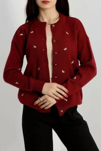 Women’s Ribbon (Bow) Detail Knit Cardigan – Black & Latte