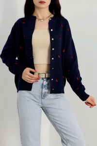 Women’s Ribbon (Bow) Detail Knit Cardigan – Black & Latte