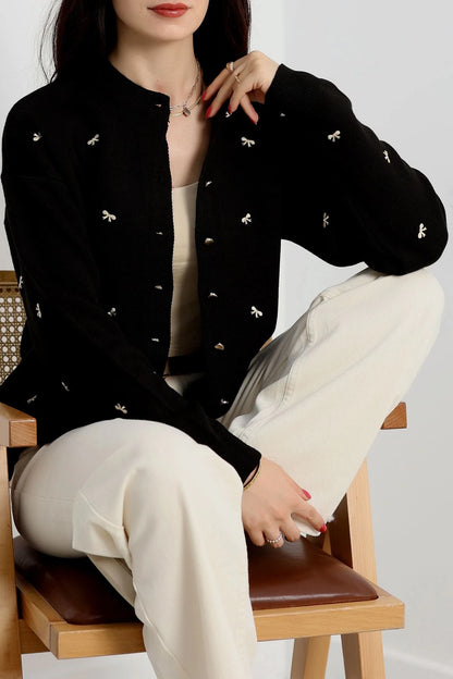 Women’s Ribbon (Bow) Detail Knit Cardigan – Black & Latte