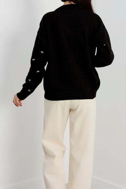 Women’s Ribbon (Bow) Detail Knit Cardigan – Black & Latte