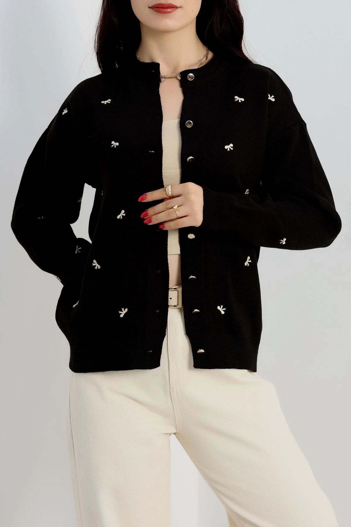 Women’s Ribbon (Bow) Detail Knit Cardigan – Black & Latte
