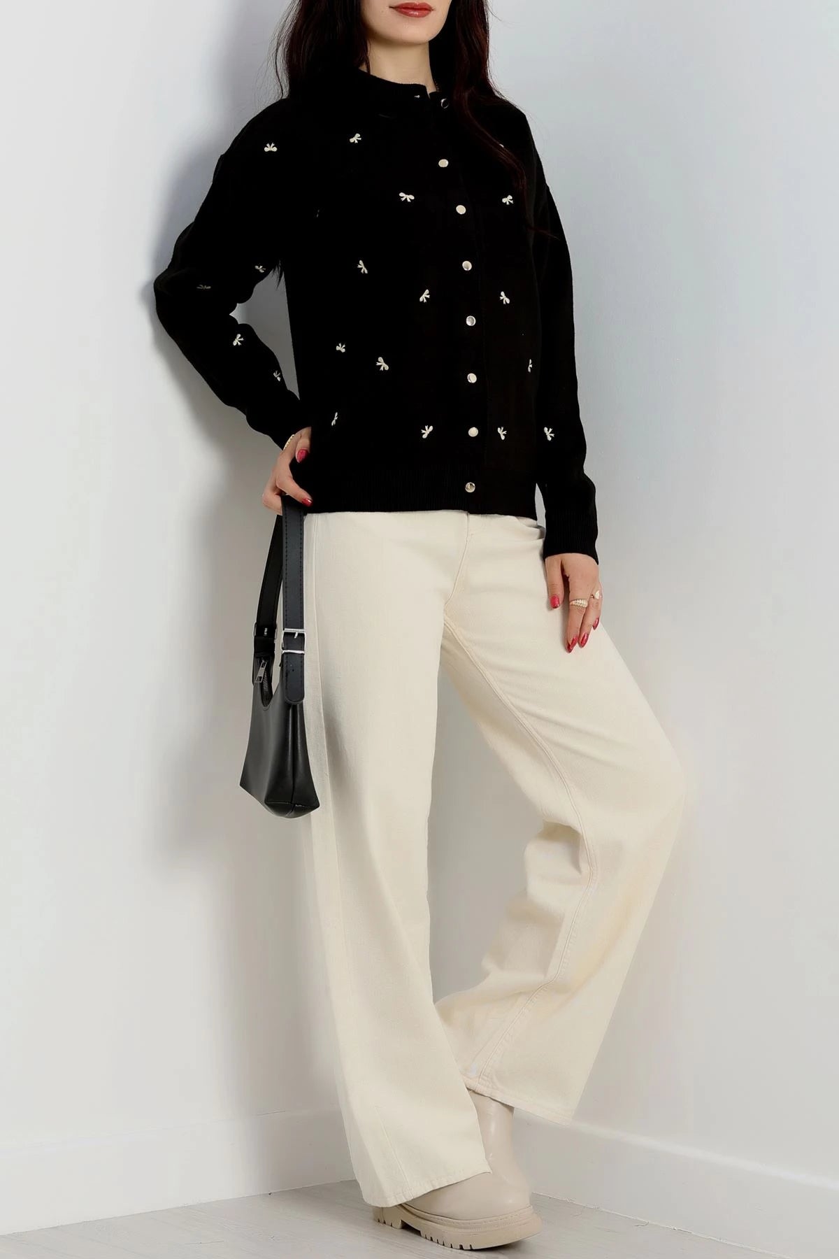 Women’s Ribbon (Bow) Detail Knit Cardigan – Black & Latte