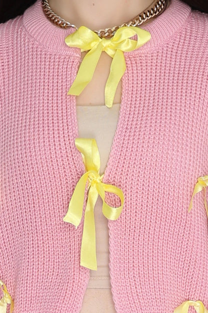 Women’s Ribbon Detail Knit Cardigan – Pink