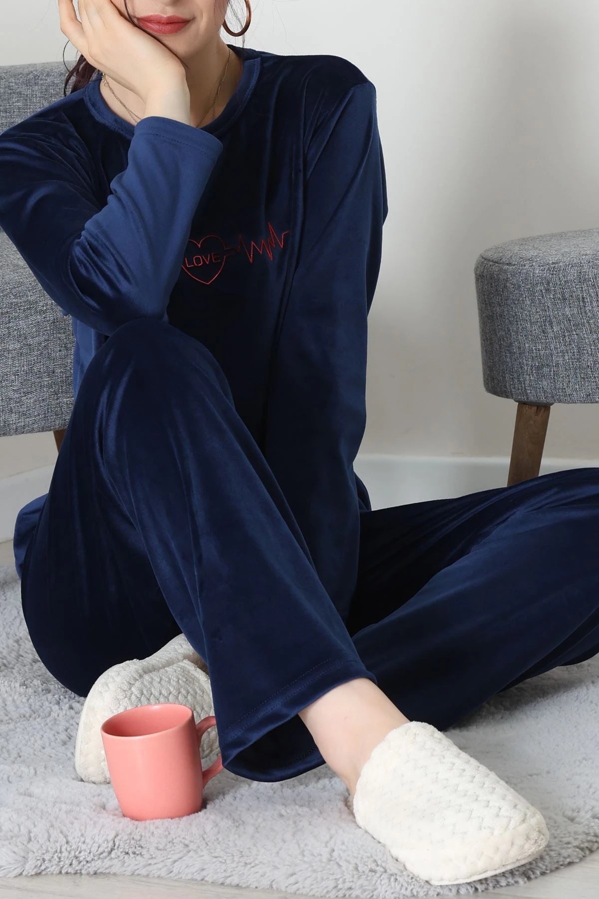 Navy Blue French Velvet Printed Lounge Set