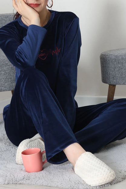 Navy Blue French Velvet Printed Lounge Set