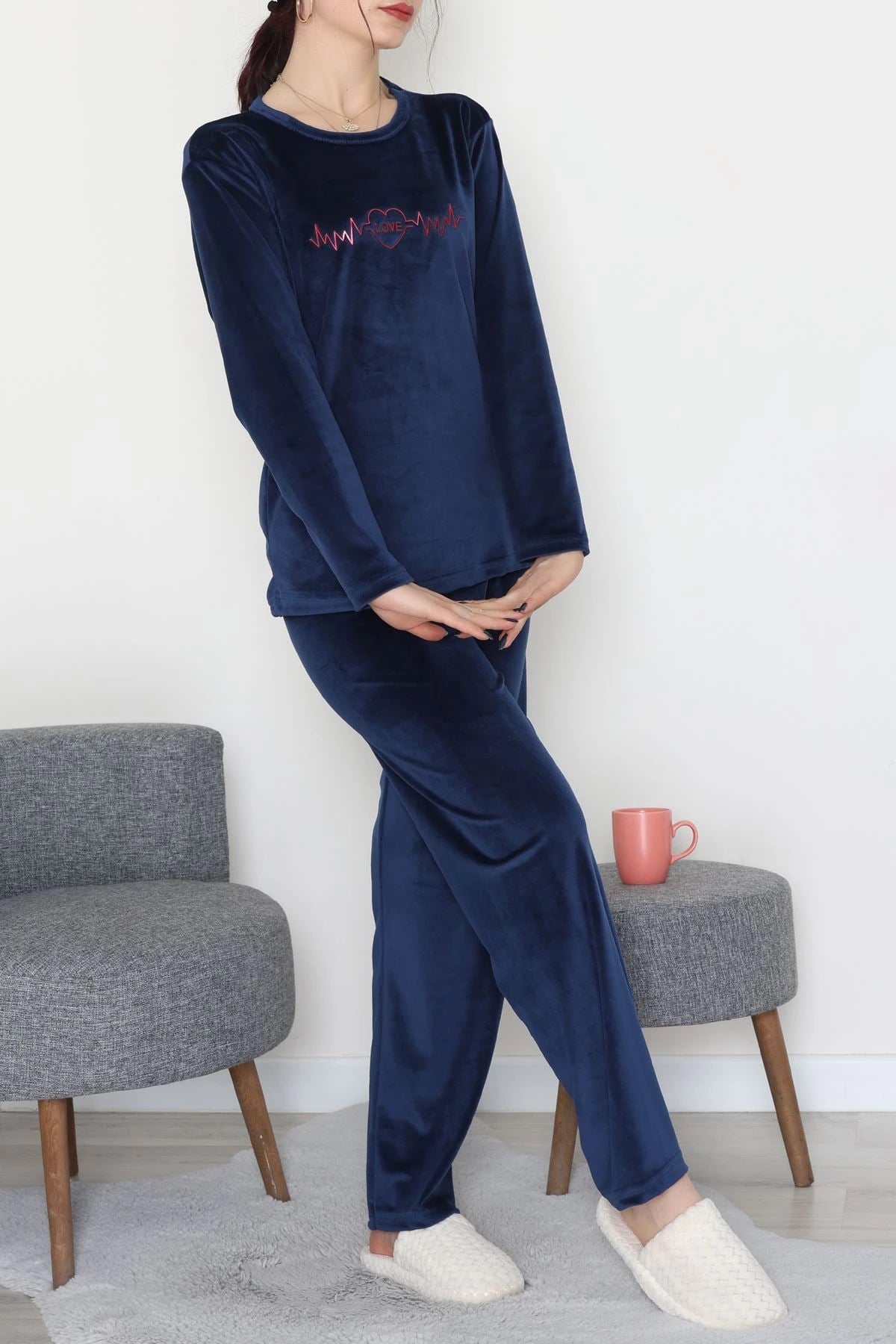 Navy Blue French Velvet Printed Lounge Set