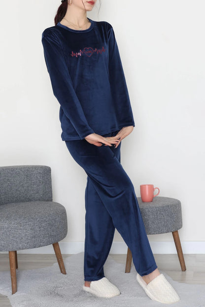 Navy Blue French Velvet Printed Lounge Set