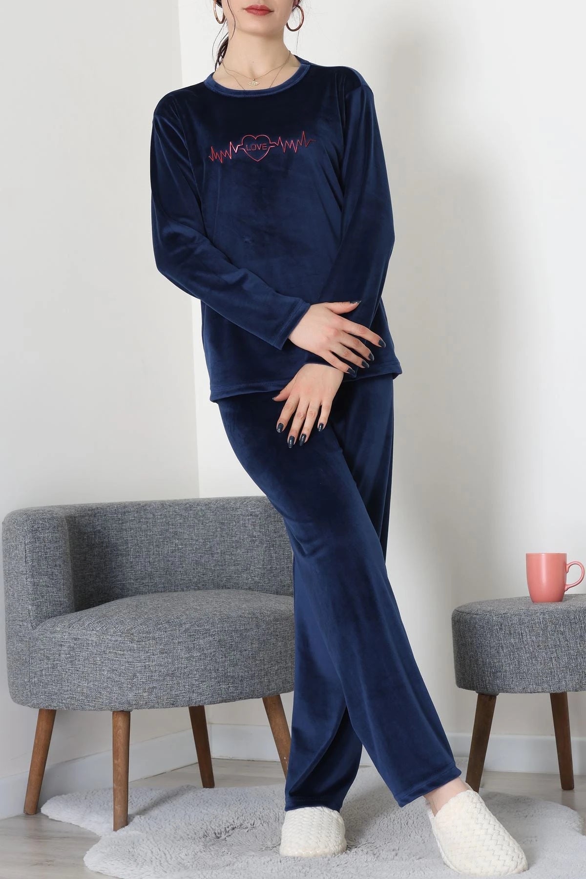 Navy Blue French Velvet Printed Lounge Set