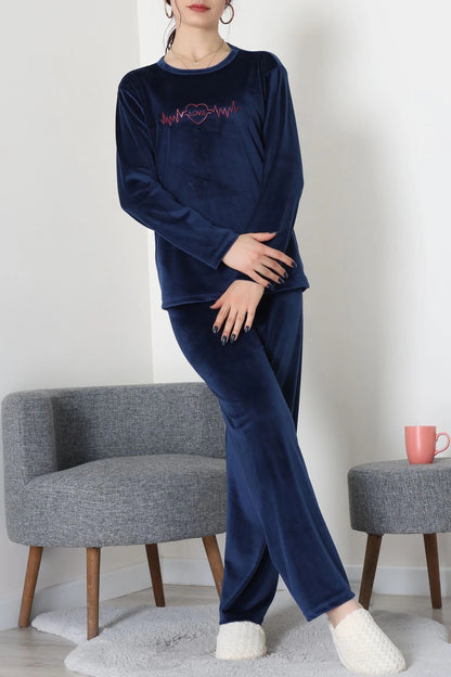 Navy Blue French Velvet Printed Lounge Set