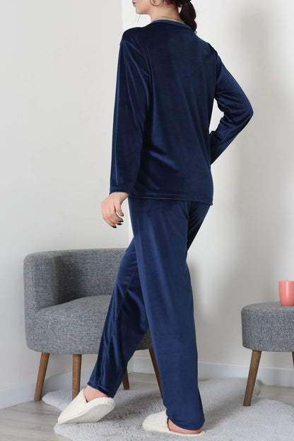 Navy Blue French Velvet Printed Lounge Set