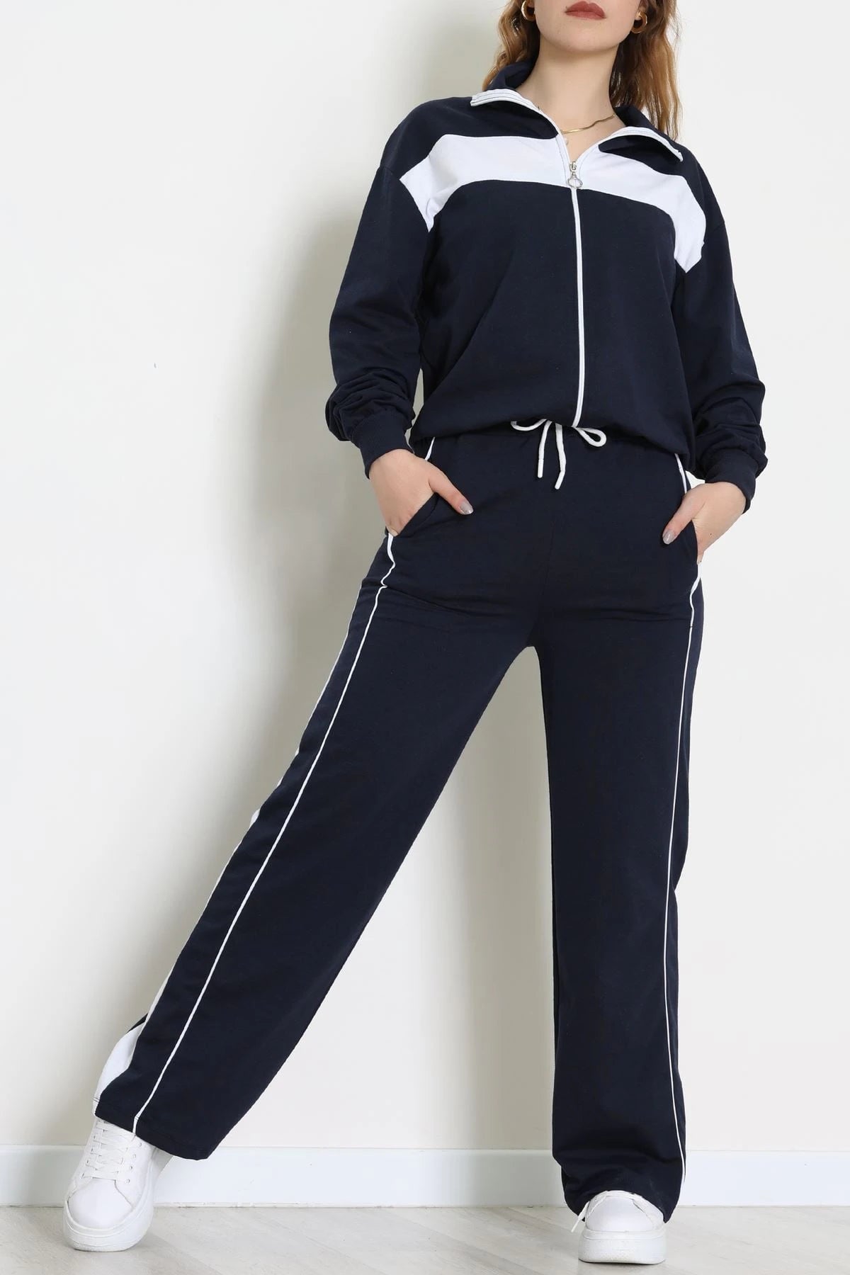 Navy & White Trimmed Zip-Up Two-Thread Tracksuit Set