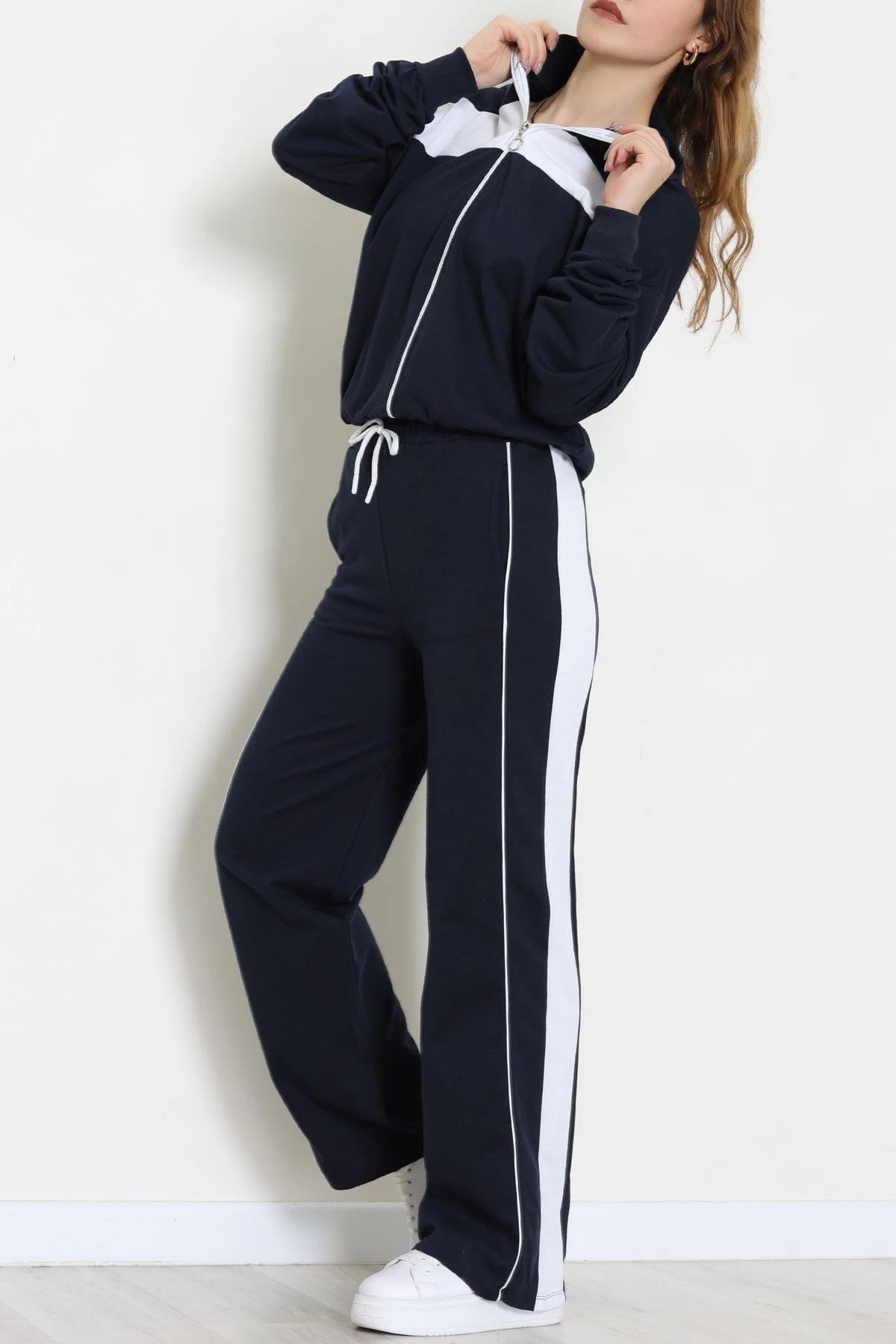 Navy & White Trimmed Zip-Up Two-Thread Tracksuit Set