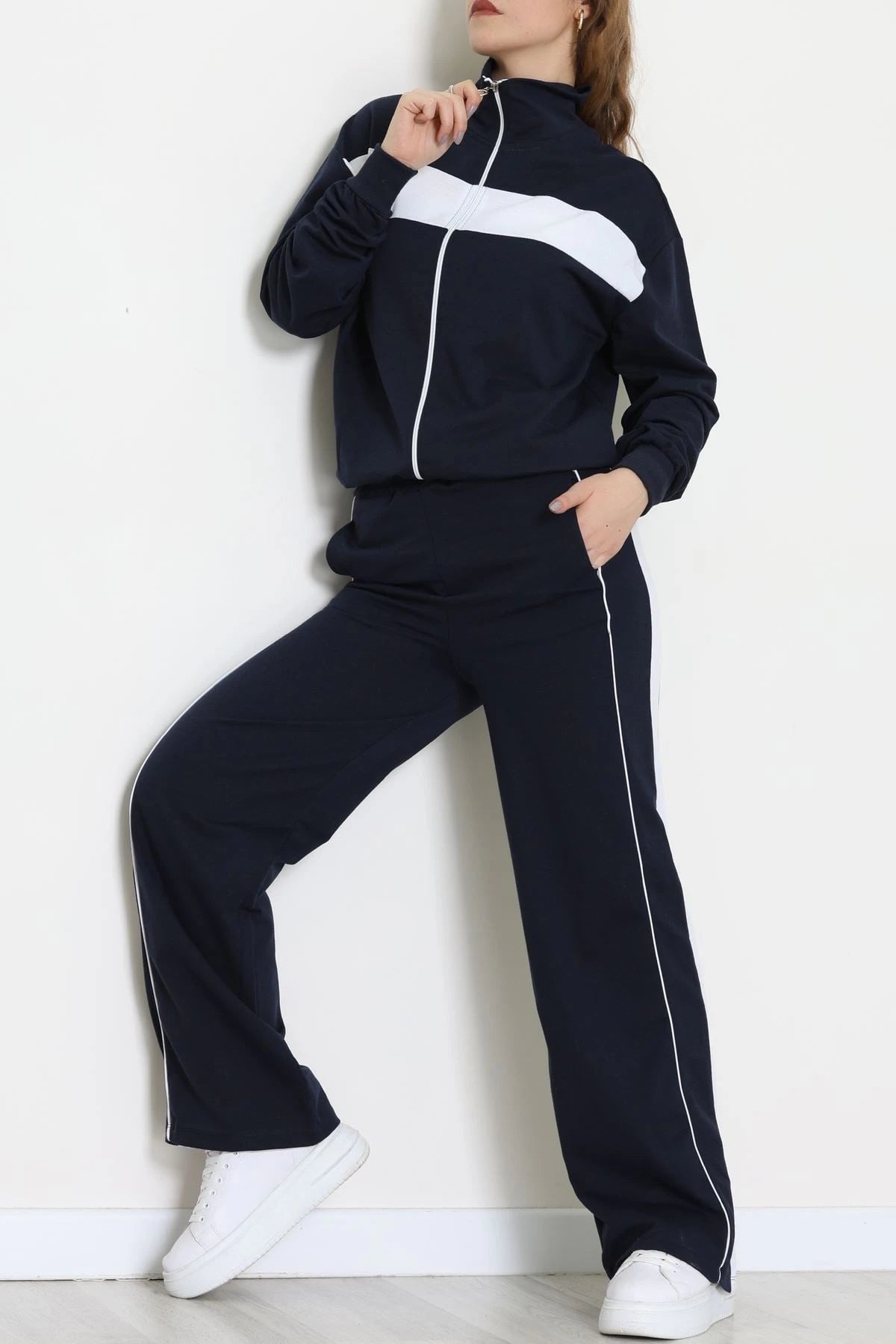Navy & White Trimmed Zip-Up Two-Thread Tracksuit Set