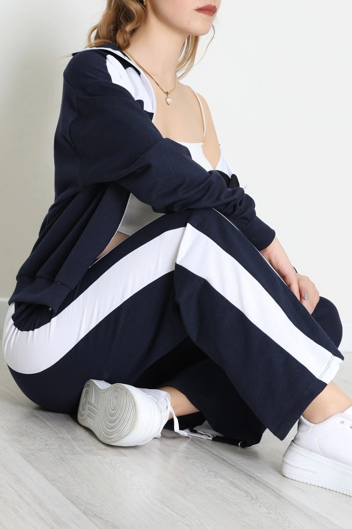 Navy & White Trimmed Zip-Up Two-Thread Tracksuit Set