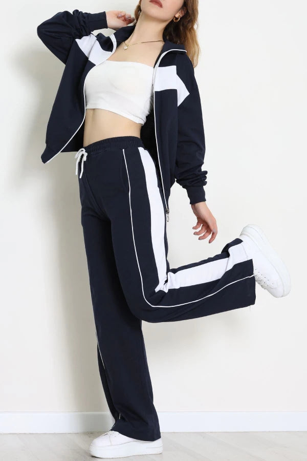 Navy & White Trimmed Zip-Up Two-Thread Tracksuit Set