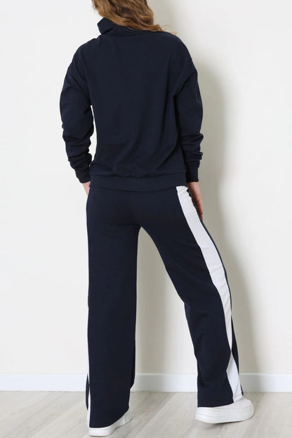 Navy & White Trimmed Zip-Up Two-Thread Tracksuit Set