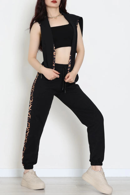 Women's Zippered Panel Two-Thread Tracksuit Set in Black