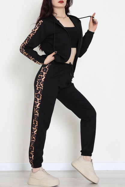 Women's Zippered Panel Two-Thread Tracksuit Set in Black