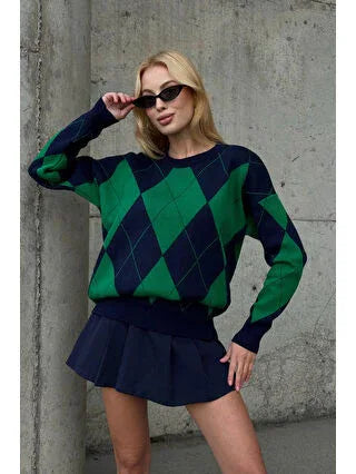 Brown Crew Neck Diamond Pattern Knit Sweater - alotasawkli