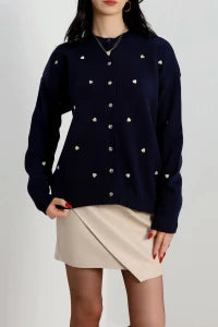 Women’s Heart Detail Knit Cardigan – Latte & Red