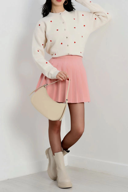 Women’s Heart Detail Knit Cardigan – Latte & Red