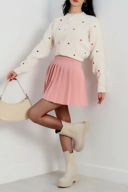 Women’s Heart Detail Knit Cardigan – Latte & Red
