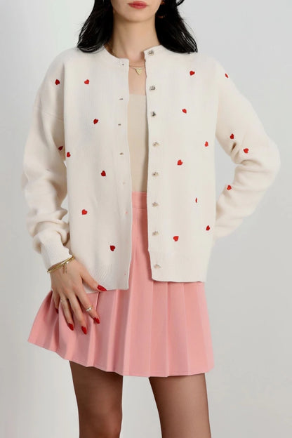 Women’s Heart Detail Knit Cardigan – Latte & Red