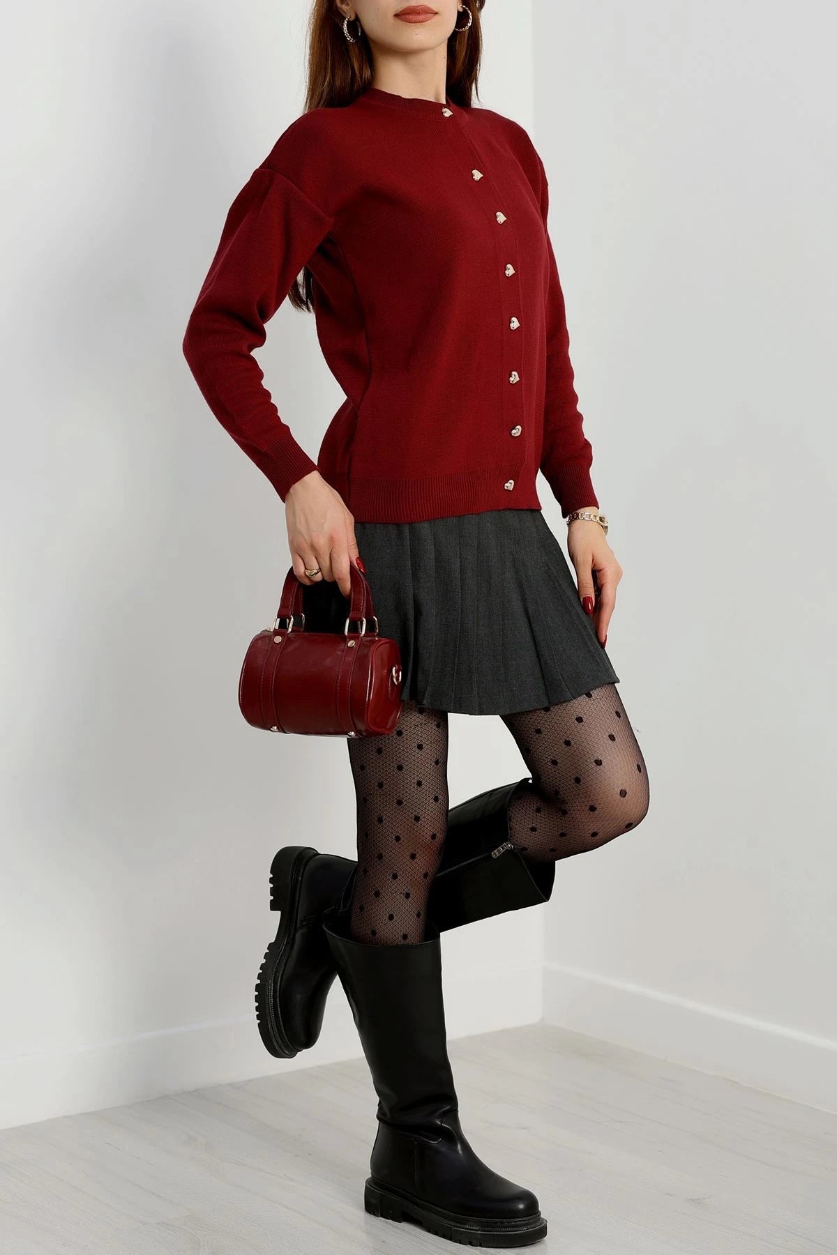 Women’s Heart-Button Knitwear Cardigan – Burgundy