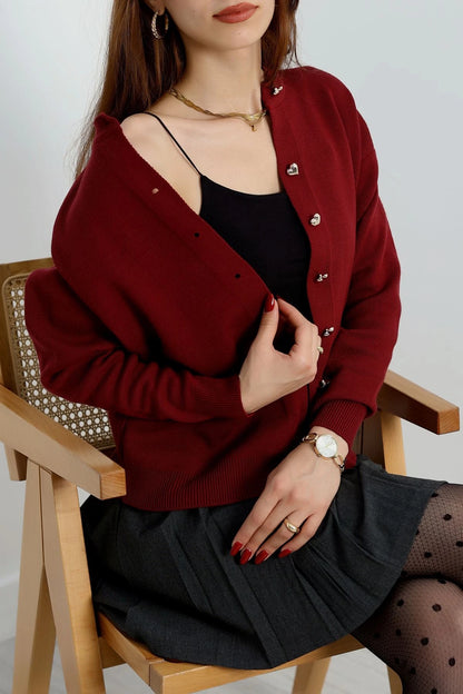 Women’s Heart-Button Knitwear Cardigan – Burgundy