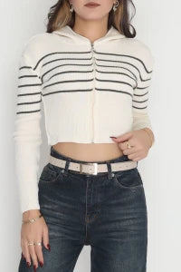 Women’s Hooded Striped Knitwear Top – Ecru & Pink