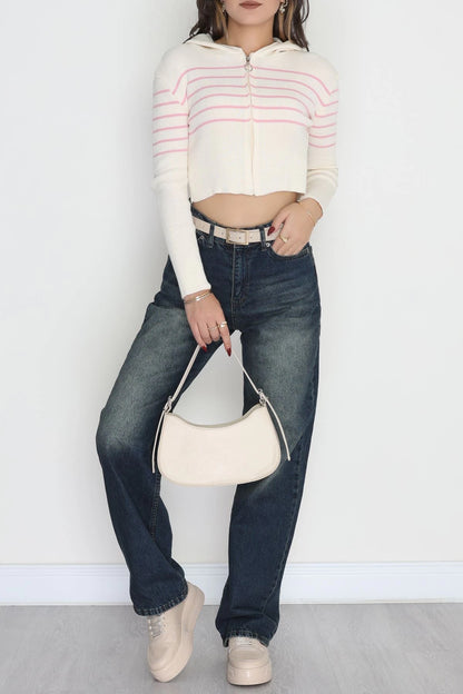 Women’s Hooded Striped Knitwear Top – Ecru & Pink