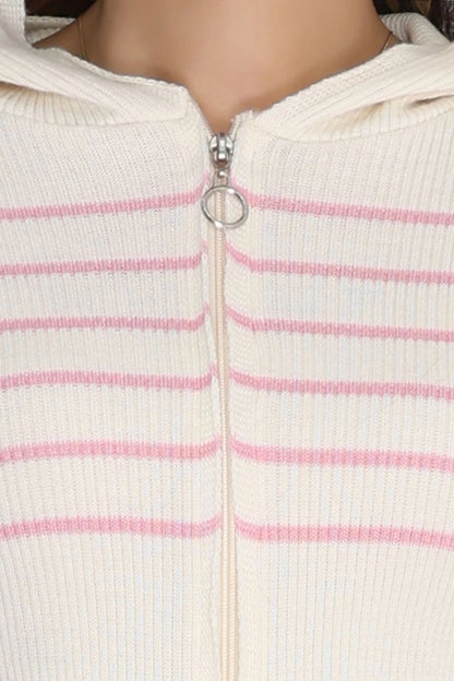 Women’s Hooded Striped Knitwear Top – Ecru & Pink