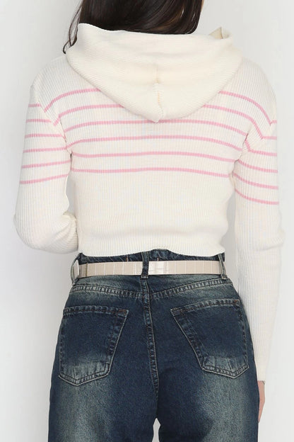 Women’s Hooded Striped Knitwear Top – Ecru & Pink