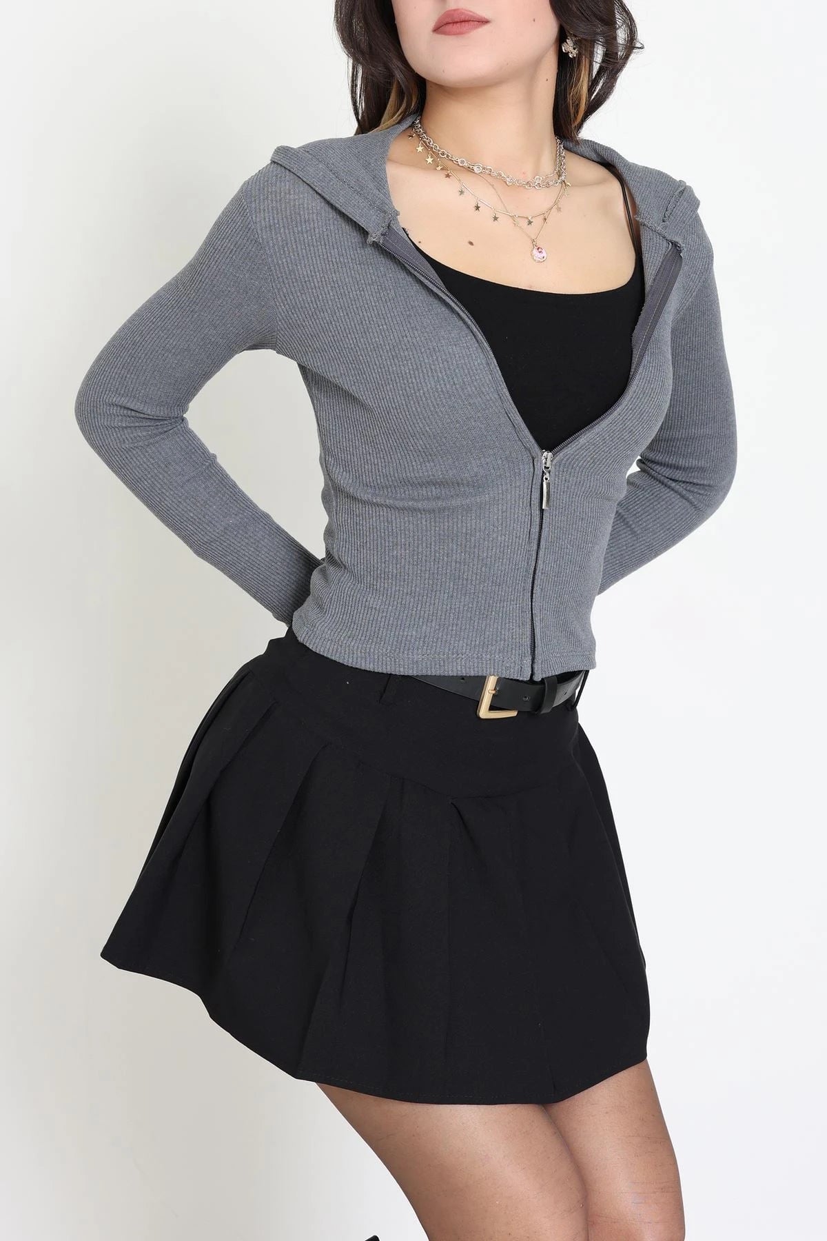 Navy Blue Hooded Ribbed Bodysuit with Thumbholes