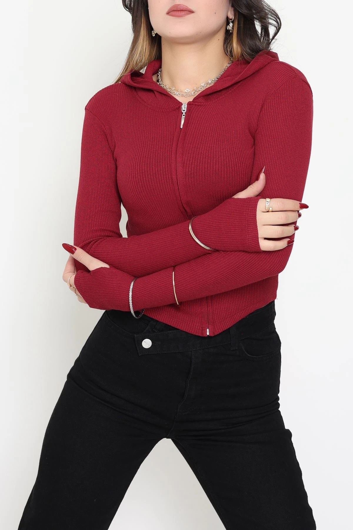 Navy Blue Hooded Ribbed Bodysuit with Thumbholes
