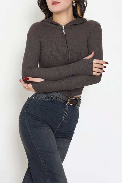 Navy Blue Hooded Ribbed Bodysuit with Thumbholes