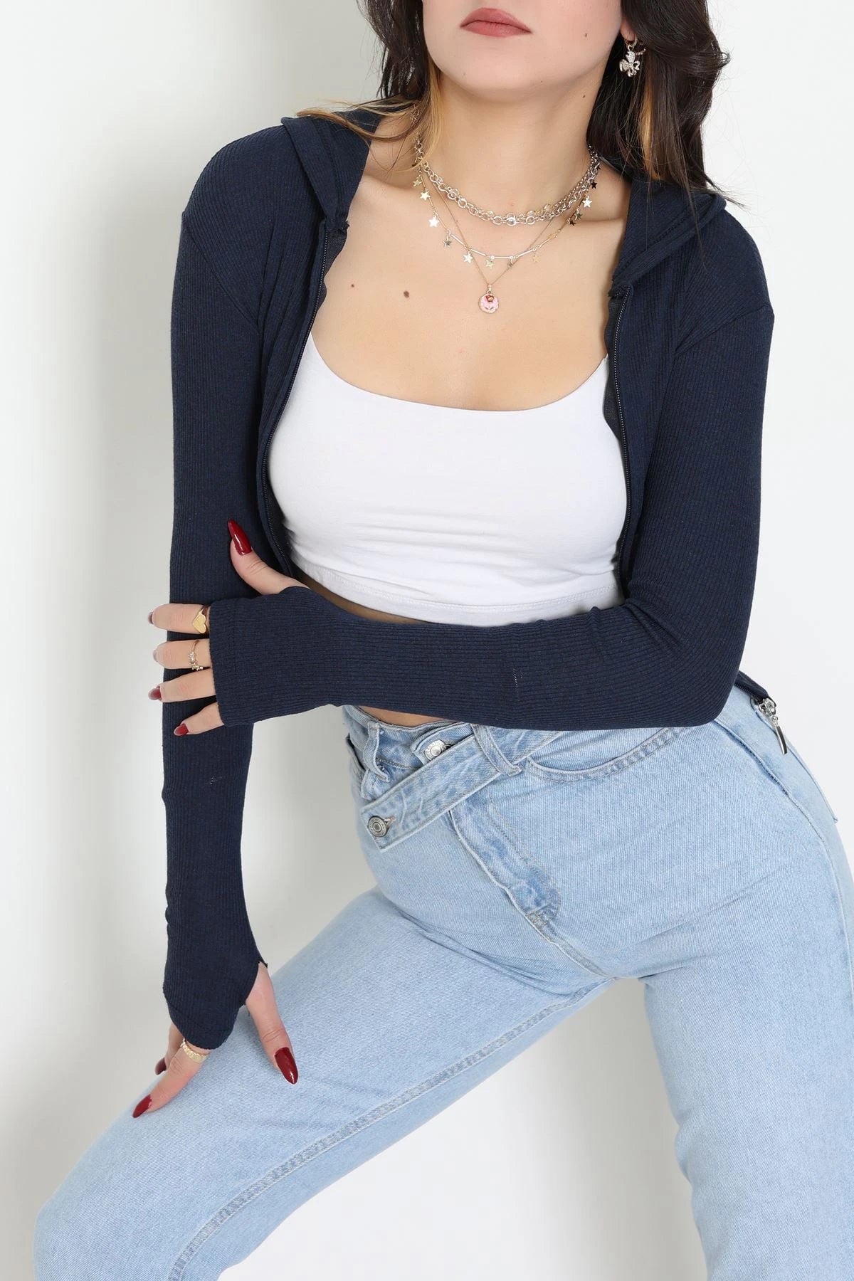 Navy Blue Hooded Ribbed Bodysuit with Thumbholes