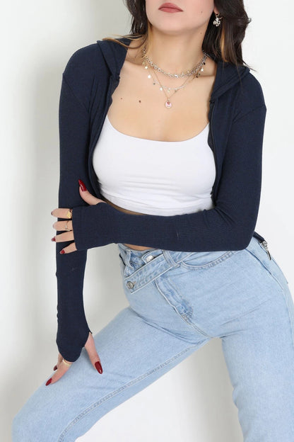 Navy Blue Hooded Ribbed Bodysuit with Thumbholes