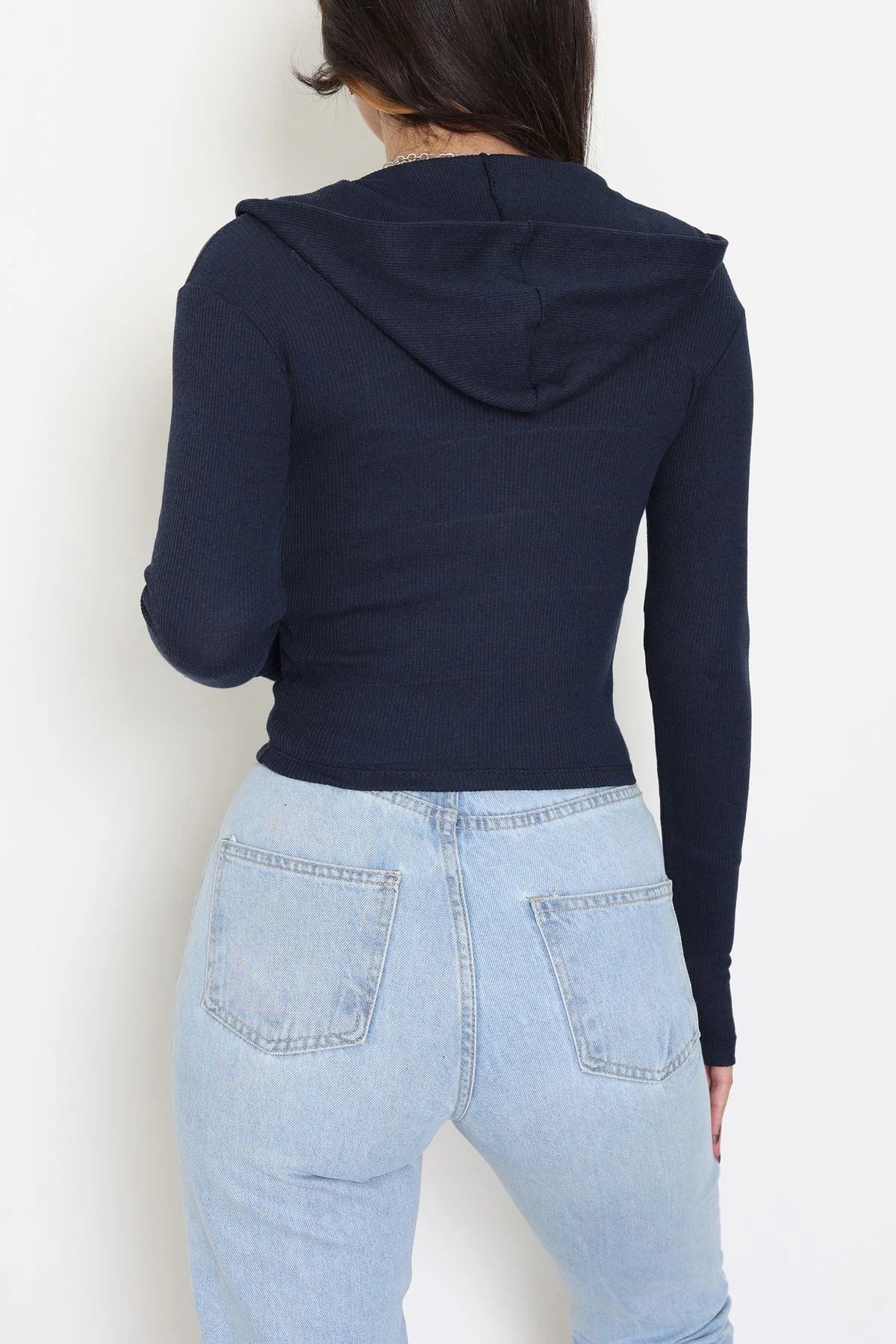 Navy Blue Hooded Ribbed Bodysuit with Thumbholes