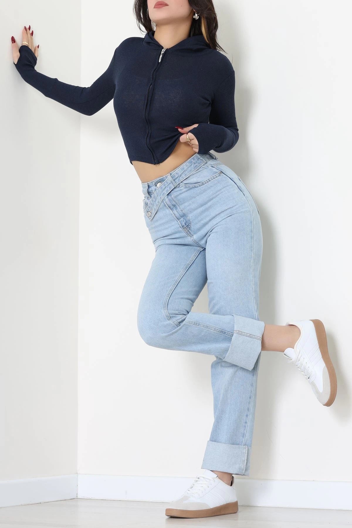 Navy Blue Hooded Ribbed Bodysuit with Thumbholes
