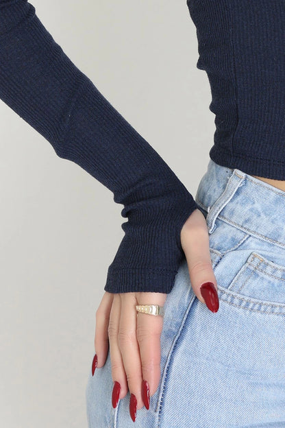 Navy Blue Hooded Ribbed Bodysuit with Thumbholes
